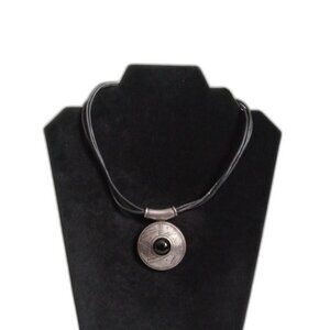 Vintage 90s Silver Toned Round Pendant Black Glass Cabochon Bohemian Necklace